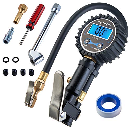 Book Cover Digital Tire Pressure Gauge - Portable Air Pressure Gauge - Pressure Tool for Truck, Auto, Bike Inner Tube - Small Handheld Pistol Gun Style Heavy Duty Accurate PSI Pump with Hose by Neancer