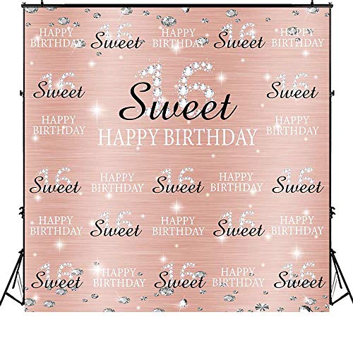 Funnytree 6x6ft Rose Gold Pink Sweet 16th Birthday Party Backdrop Princess Girl Step and Repeat Diamonds Glitter Shiny Photography Background Sixteen Years Old Age Decoration Banner Photo Booth