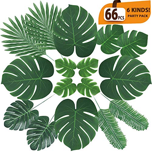 ElaDeco 66 Pcs Artificial Tropical Palm Leaves Monstera Leaves with Stems for Safari Decorations Tropical Party Supplies Jungle Beach Luau Theme Party Decorations (6 Kinds)