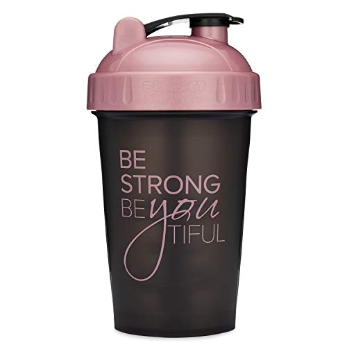 Book Cover GOMOYO 20-Ounce Shaker Bottle with Action-Rod Mixer | Shaker Cups with Motivational Quotes | Protein Shaker Bottle is BPA Free and Dishwasher Safe | Be Strong - Black/Rose - 20oz
