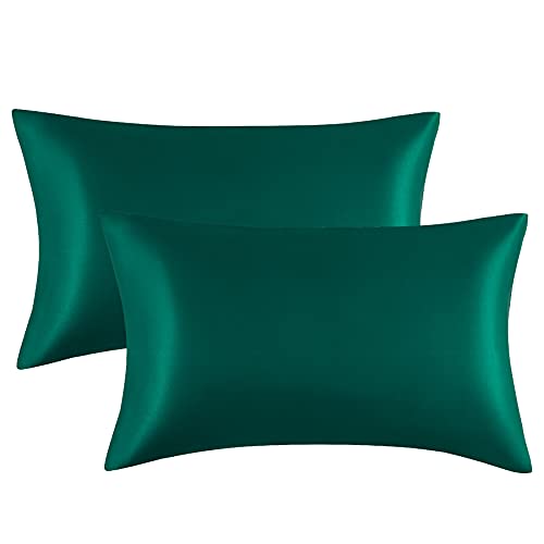 Book Cover Bedsure Satin Pillowcases Standard Set of 2 - Dark Green Silk Pillow Cases for Hair and Skin 20x26 inches, Satin Pillow Covers 2 Pack with Envelope Closure