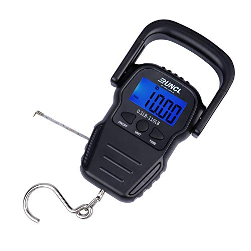RUNCL Digital Fishing Scale, Portable Luggage Scale, Weight Scale 110lb/50kgs- LCD Display, Data Lock Function, Auto-Off, 63" Built-in Measuring Tape, Nickel Plated Hook - Fish Scale (Black)