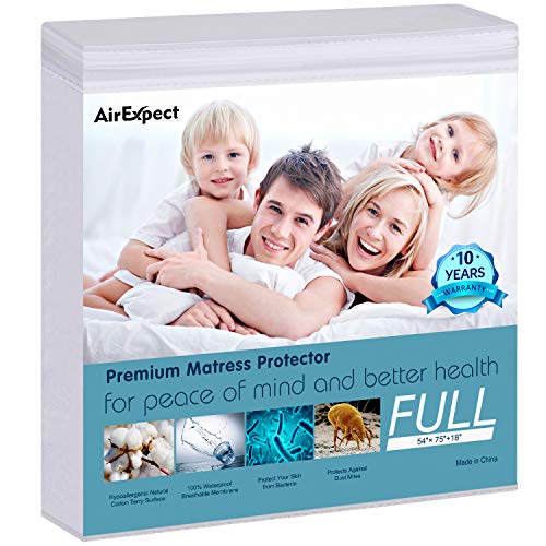 AirExpect Waterproof Mattress Protector Full Size 100% Organic Cotton Hypoallergenic Breathable Mattress Pad Cover,18" Deep Pocket, Vinyl Free - 54"x75"
