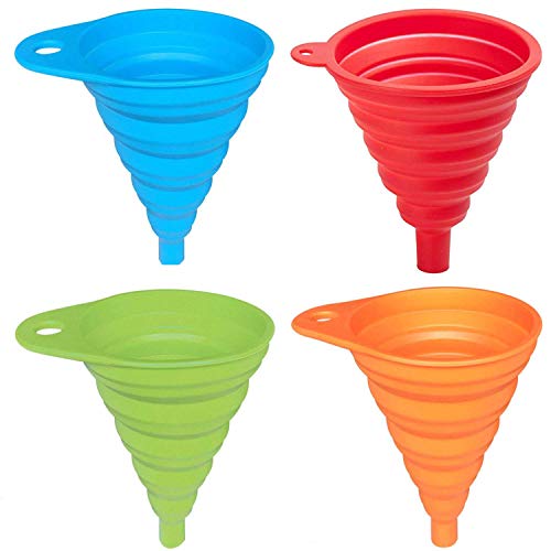 AxeSickle Silicone Collapsible Funnel 4 Pcs Folding Funnel for Liquid Transfer As Oil, Water, Shampoo, Sanitizer, Kitchen Tool Gadget 100% Food Grade Silicone FDA Approved.(blue green Orange red)