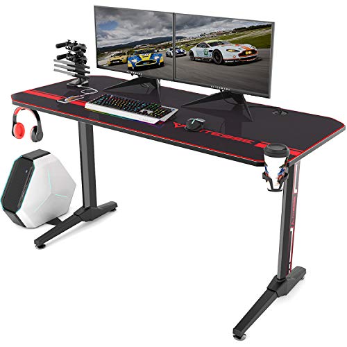 Vitesse 55 inch Gaming Desk T Shaped Computer Desk with Free Large Mouse pad, Racing Style Professional Gamer Game Station with USB Gaming Handle Rack, Cup Holder & Headphone Hook (Black)