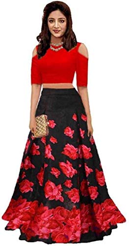MARUTINANDAN NX Women's Silk Printed Semi-Stitched Silk Lehenga Choli (Black rose print, Beige, Free Size)