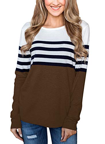 Topstype Womens Long Sleeve Tops Crew Neck Tunics Casual Elegant Stripped Shirts