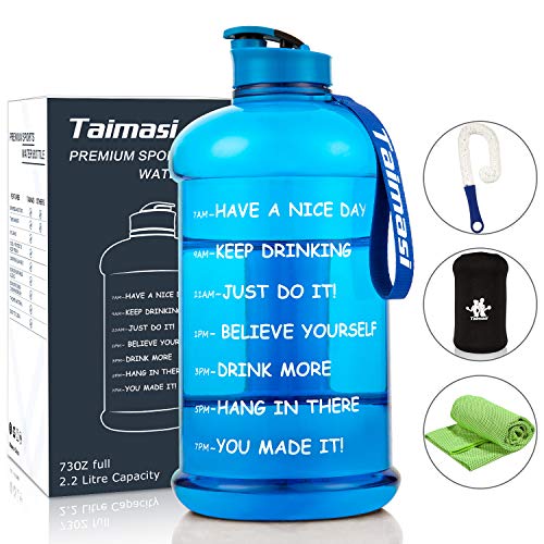 2.2L/73oz Water Bottle With Time Marker, Large Sports Water bottle Water Jug with Sleeve & Cleaning Brushes & Cooling Towel, Reusable Leak Proof Motivational Water Bottle for GYM Fitness Camping