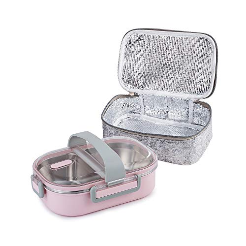 Lille Home 22oz Stainless Steel Leakproof 2-Compartment Lunch Box, Bento Box, Portion Control Food Container with Insulated Lunch Bag, Adults, Men, Women(Pink)