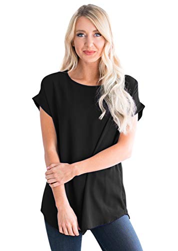 Womens-Tops Cuff-Sleeve Crew-Neck Loose Chiffon-Blouses Casual-Tunics