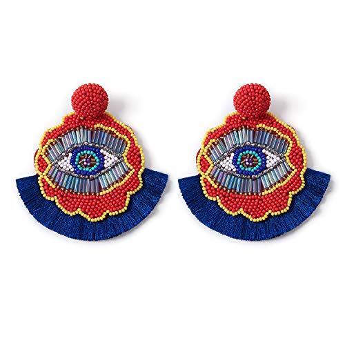 Bohemian Dangle Earrings Beaded - Colorful Handmade Eye Oversized Drop Earrings with Boho Statement Fan Tassel for Women
