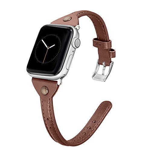 Book Cover Secbolt Slim Leather Bands Compatible with Apple Watch Band 38mm 40mm, Soft Genuine Leather Strap for iwatch Series 4/3/2/1 Women, Brown