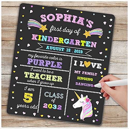 Book Cover First Day of School Board - First Day of School Sign - Unicorn Themed 1st Day of Kindergarten Preschool Prek Chalkboard Photo Prop - Back to School Gifts for Kids Girls- Reusable Erasable 12 x 16 inch