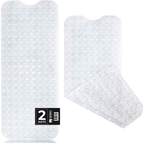 Sierra Concepts 2-Pack Bath, Shower, Tub Mat Clear (39x16) Non Slip, Machine Washable, Bathtub Mats - Drain Holes, Suction Cups, XL Rectangle Size