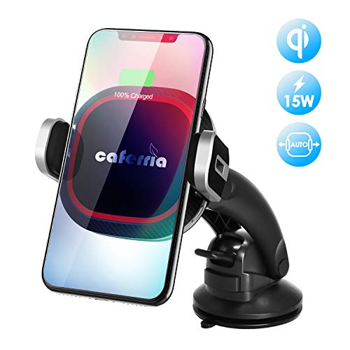 Caferria Wireless Car Charger Mount 15W Fast Charging Qi Charger with Infrared Auto Clamping Windshield Dashboard Air Vent Phone Holder for iPhone X XR Xs Max 8 Plus Samsung Note 9/8 S9+ S8+ Edge S7