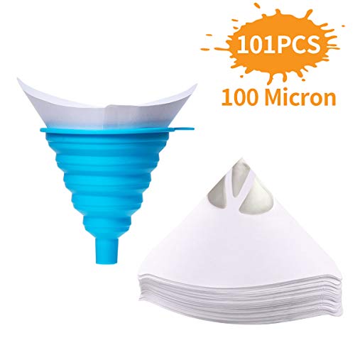 Book Cover Jeteven 100 Pack 100 Micron Paint Strainers with 1 Pcs Silicone Funnel, Strainer Cone Funnel with Filter, Cone Paint Filter Fine Nylon Mesh