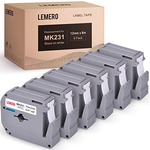 LEMERO Compatible with Brother P Touch M Tape M-K231 M231 MK231 M-K231s 12mm .47 White Label Tape - for Brother P Touch PT-65 PT-70 PT-80 PT-90 PT-45M 26.2 Feet Black on White (6 Pack)