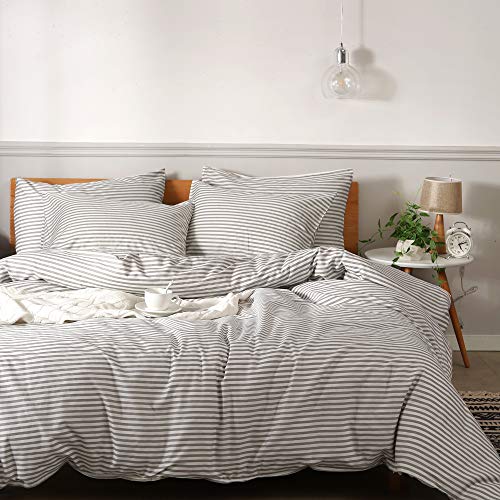 Book Cover JELLYMONI 100% Natural Cotton 3pcs Striped Duvet Cover Sets,White Duvet Cover with Grey Stripes Pattern Printed Comforter Cover,with Zipper Closure & Corner Ties(King Size)