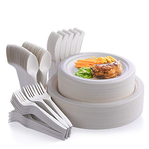 Book Cover Fuyit 250Pcs Disposable Dinnerware Set, Compostable Sugarcane Cutlery Eco Friendly Tableware Includes 50 Biodegradable Paper Plates, Forks, Knives and Spoons for Party, Camping, Picnic, BBQ (White)