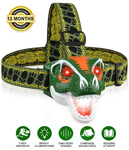BROADREAM Headlamp, T-Rex Dinosaur Toys LED Headlamp for Kids Camping, Hiking & Reading in Dark, 3 Bright Illumination Modes, Loud Dino Roar Sounds, 3AAA Batteries, Great Kid Toys & BD Gifts