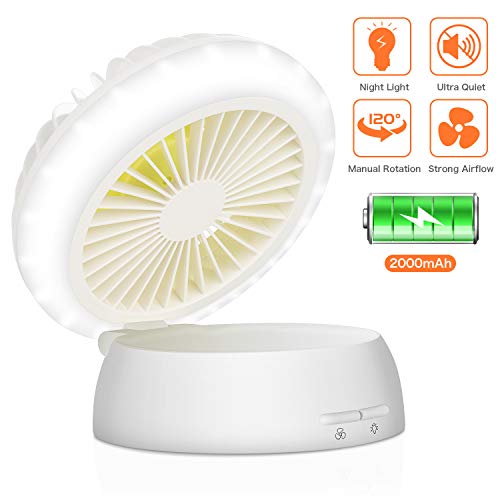 Portable Desk Fan with Night Light, Powerful Table Fan with 2000mAh Rechargeable Battery, 3 Speeds Wind, 3 levels Led Light, 120° Adjustable, Quiet Personal Fan for Home/Travel/Office/Camping/Outdoor