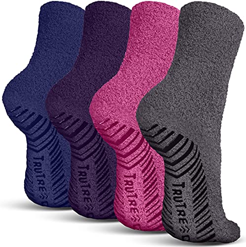 Book Cover TruTread Fuzzy Socks for Women & Men - Non Slip/Skid Hospital Crew Socks - 4 Pairs - - One size