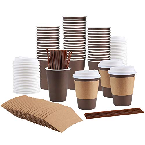 Book Cover 100 Pack 12 Oz Coffee Cups, Paper Coffee Cups With Lids Straws and Sleeves, Disposable Coffee Cups 12 Oz Coffee Cups Disposable Coffee Cups With Lids Paper Coffee Cups With Lids 12 Oz Paper Coffee Cup