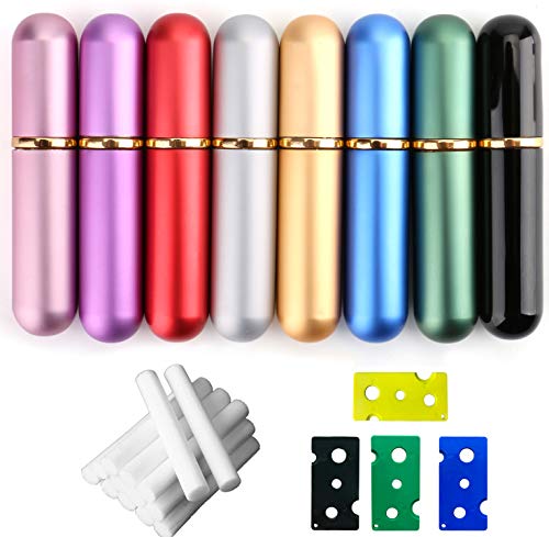 Book Cover Bekith Set of 8 Colors Empty Essential Oil Personal Inhaler Refillable Aluminum and Glass - Nasal Inhalers Set with 20 Cotton Wicks and 4 Opening Tool