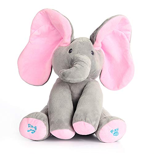 Yudit Plush Toy peek-a-Boo Elephant, Hide and Seek Game Baby Animated Flappy Ear Elephant Plush Toy Stuffed Animals for Babies (Gray+Pink)