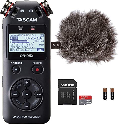 Tascam DR-05X Stereo Handheld Digital Audio Recorder & USB Interface Bundle with Movo"Deadcat" Windscreen and 32GB Micro SD Card (Latest Version)