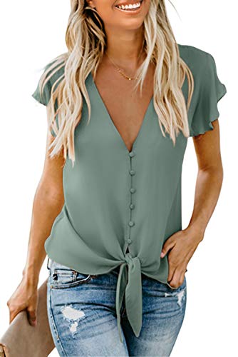 Book Cover Shawhuwa Womens Loose Fitting Blouse Short Sleeve Sexy Deep V Neck Button Down T Shirts Tie Front Knot Casual Tops