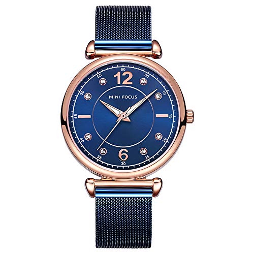 Book Cover MINI FOCUS Women Simple Watches with Stainless Steel Mesh Band, Fashion Waistwatch (Blue, Luminous, Crystal Dial) Casual Watch for Women/Gril Gift MF0177L.04