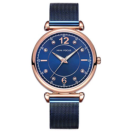 MINI FOCUS Women Simple Watches with Stainless Steel Mesh Band, Fashion Waistwatch (Blue, Luminous, Crystal Dial) Casual Watch for Women/Gril Gift MF0177L.04