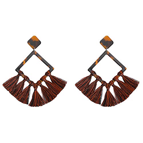Acrylic Tassel Drop Earrings - Statement Colorful Resin Fringe Dangle Earrings for Women Jewelry, Idea Gifts for Mom, Sister and Friends (Tortoise T)