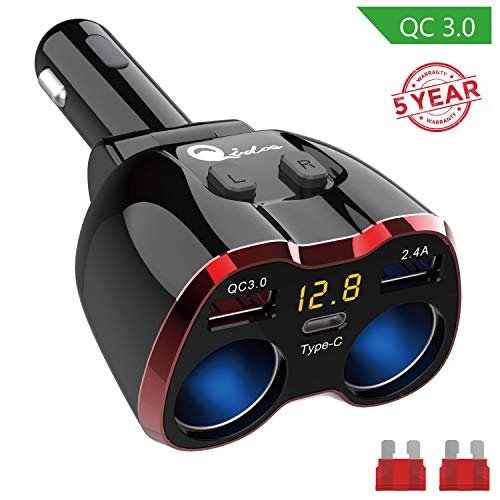Cigarette Lighter Splitter QC 3.0, 2-Socket USB C Car Charger Adapter Type C Multi Power Outlet 12V/24V 80W DC with LED Voltmeter Switch Dual USB Port for iPhone GPS Dashcam iPad Android Samsung