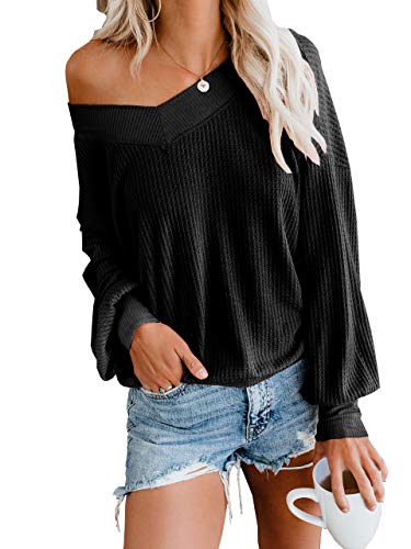 Womens Pullover Thermal Waffle Knit Tops Drop Shoulder Long Billowed Sleeves Loose Shirts
