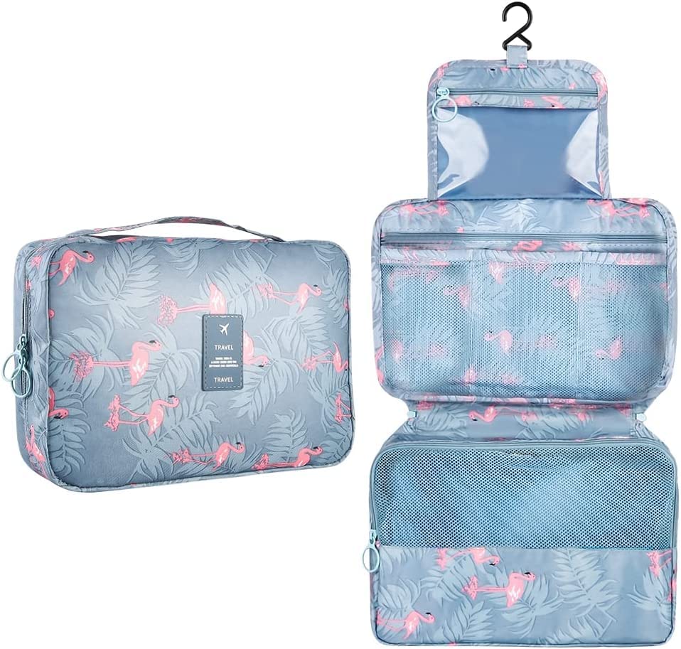 Blibly Hanging Travel Toiletry Bag Makeup Cosmetic Organizer Bag for Woman and Girls Bathroom and Shower Organizer Bag Waterproof (10.6x7.3x3.3 inch, Light Blue(Flamingo)) (Large)10.6x7.3x3.9 Inch Light Blue(Flamingo)