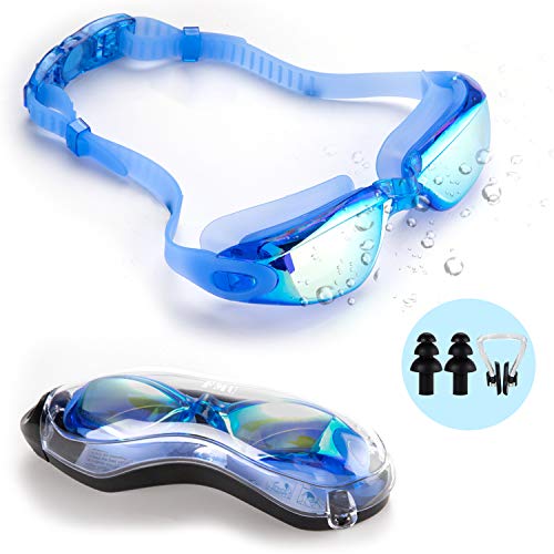 FMU Swim Goggles, No Leaking Anti Fog UV Indoor Outdoor Swimming Goggles with Nose Clip Ear Plugs and Free Protection Case for Adult Men Women Youth Kids