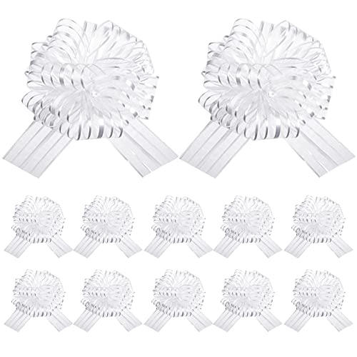 12 Pieces Pull Bow Large Organza Gift Wrapping Pull Bows with Ribbon for Wedding Gift Baskets (White, 8 Inch)