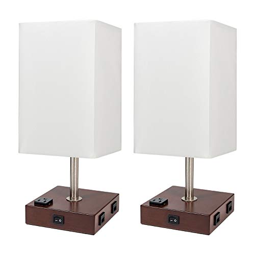 DEEPLITE Lamps for Bedrooms Set of 2, Bedside Lamp with USB Port and Outlet, Wood Nightstand Lamp with White Shade, Rustic Lamps for Living Room, Night Table, End/Side Table Top