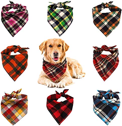 VIPITH 8 Pack Triangle Dog Bandana, Reversible Plaid Painting Bibs Scarf, Washable and Adjustable Kerchief Set for Dogs Cats Pets