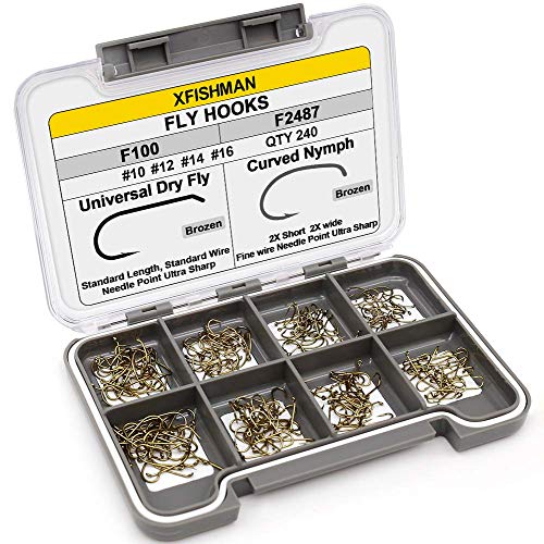 XFISHMAN Fly Hooks for Fly Tying Dry Wet Nymph Flies Curved Fishing Hooks 10# ~16# Assortment Pack of 240 Hooks with Boxâ€¦