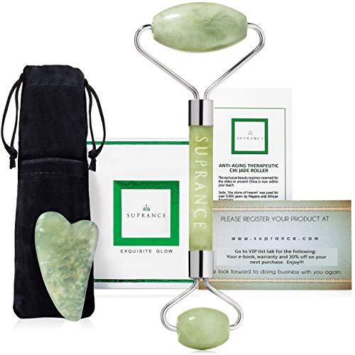 Jade Roller for Face by Suprance - 100% Real Jade Stone - Chi Facial Roller Massager -Real Premium Beauty Tool - Supreme Cool Rejuvenates Massages Face and Skin - Anti-Aging Therapy