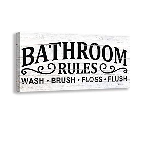 Kas Home Vintage Bath Canvas Wall Art Decor | Rustic Bathroom Rules Prints Signs Framed | Bathroom Laundry Room Decor (8 X 16 inch, Bathroom Rules - 02)