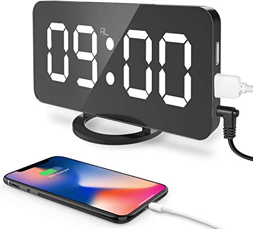 LED Digital Alarm Clock with Large 6.5" Easy-Read Display with Snooze Function, Diming Mode, Mirror Surface, Dual USB Charging Ports for Bedroom, Living Room, Office, Travel