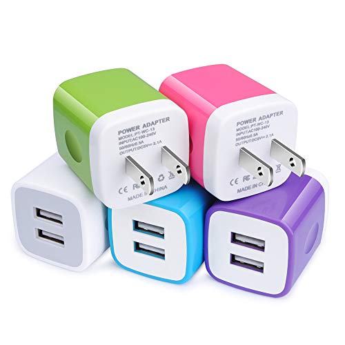 Book Cover USB Charger Plug, Wall Charger, Charging Block, 5-Pack 2.1A/5V Portable Power Cube Charger Adapter Compatible with iPhone 11/11 Pro Max/Xs Max/Xs/XR/X/8/7/6S/6 Plus, Samsung, LG, Moto, Android Phone