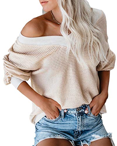 Womens Thermal Waffle Knit Top Drop Shoulder Long Billowed Sleeves Loose Shirts
