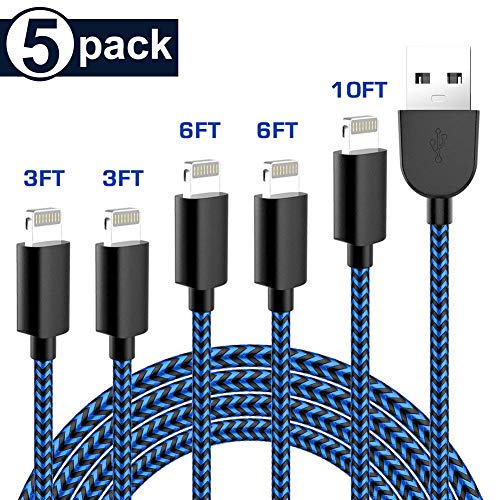 TNSO MFi Certified iPhone Charger Lightning Cable 5 Pack [3/3/6/6/10FT] Compatible iPhone Xs/Max/XR/X/8/8Plus/7/7Plus/6S/6S Plus/SE/iPad/Nan More Extra Long Nylon Braided USB Charging & Syncing Cord