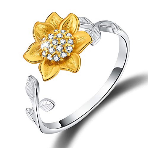 Esberry ✦Gifts for Christmas 18K Gold Plating 925 Sterling Silver Sunflower Open Ring 3D Flower Shape Adjustable Ring Jewelry for Women and Girls