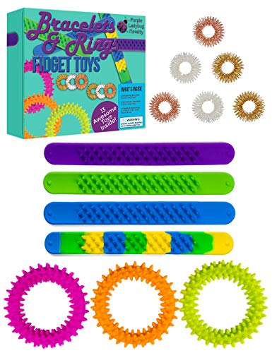 Purple Ladybug Fidget Bracelets & Rings for Stress & Anxiety Relief! BPA & Phthalate Free Sensory Toys for Kids: 4 Slap Bracelets, 3 Spiky Bracelets & 6 Fidget Rings - Fun Fidgets and Cool Travel Toys